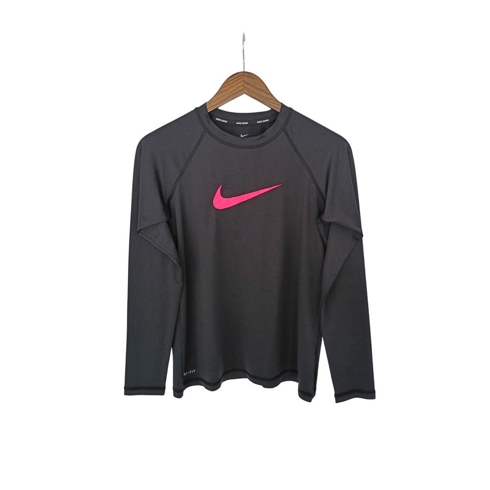 Nike Swim Rash Guard Top Youth M Women S Gray Pink Swoosh Lg Sleeve Dri Fit LS